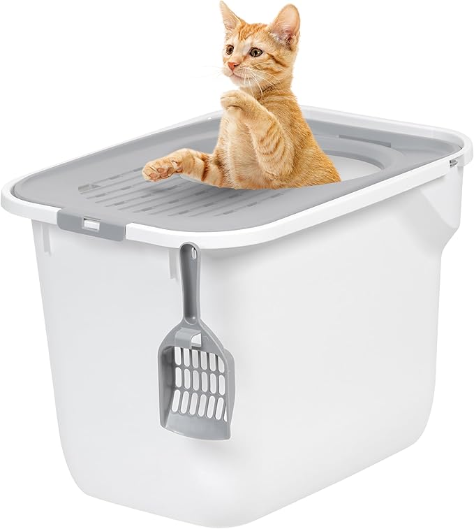 IRIS USA Cat Litter Box, Large Cat Box Enclosure, Top Entry with Litter Catching Lid, Enclosed with Scoop, White/Gray
