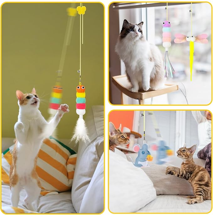 Cat Wand Toys, Adjustable Toys with Silvervine Sticks, Interactive Cat Feather Wand Toy for Indoor Cats, Elastic String Pole Toy with Bell & Feather (Extension Suspension)