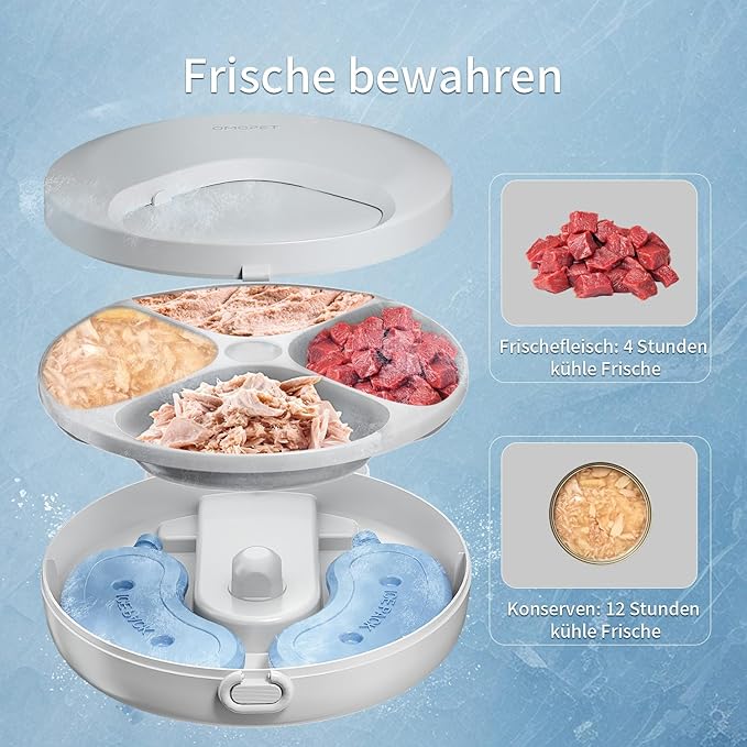 Automatic Cat Feeder Wet Food, Whisker-Friendly Automatic Cat Food Dispenser True 4-Meal Design with Locking Lid, Smart Timer Feeder for Wet Cat/Dog ,2-Ice Packs, Easy to Clean (White-1)