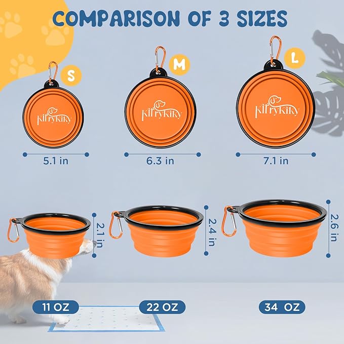 Collapsible Dog Bowls Medium, 2 Pack 22oz Portable Travel Dog Bowls, Foldable Water Bowl for Dogs Cats, Pet Feeding Watering Dish with Carabiner, Food Grade Silicone BPA Free(Blue+Orange, M)