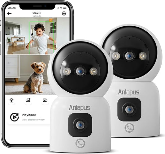 Anlapus 2 x C528 4MP Dual Lens(2MP+2MP) Indoor Security Camera, Motion Detect, Auto Track, Plug-in, 360° WiFi Pan/Tilt Camera, 2.4GHz WiFi, Two-Way Talk, Light & Siren Alert, Memory Card Not Include
