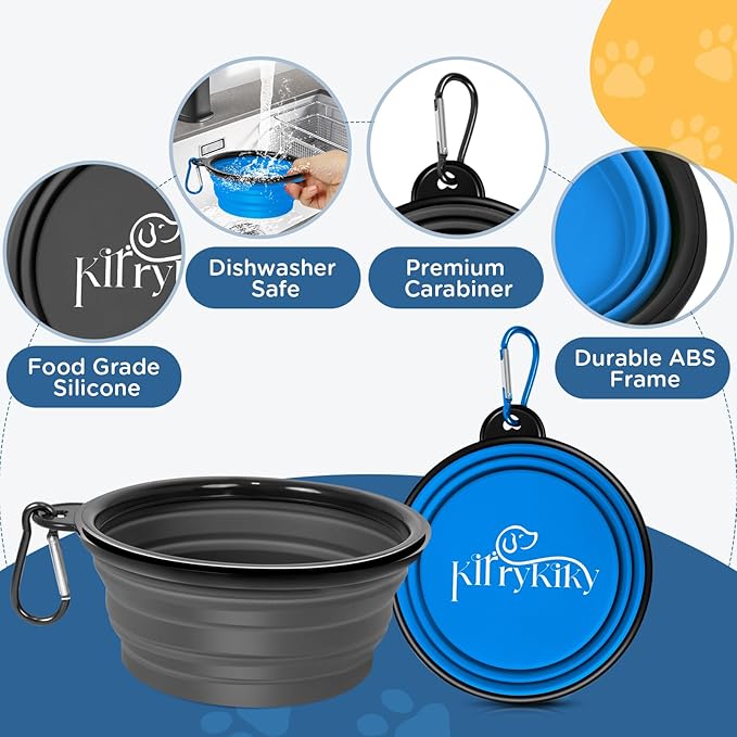 Collapsible Dog Bowls Medium, 2 Pack 22oz Portable Travel Dog Bowls, Foldable Water Bowl for Dogs Cats, Pet Feeding Watering Dish with Carabiner, Food Grade Silicone BPA Free(Blue+Black, M)