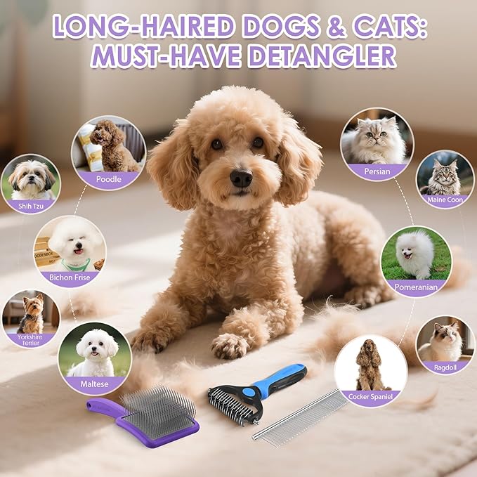 Large Slicker Brush for Dogs - 3PC Pet Grooming Kit - Undercoat Rake & Stainless Comb | Long Pins Remove Mats on Poodles, Golden, Labradoodles | Thick Coat Deshedder for Dogs, Cats, Purple