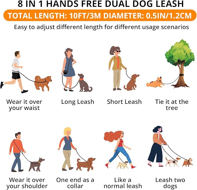 Heavy Duty Hands Free Dog Leash, 10FT Adjustable Handsfree Dog Training Leash with Shock Absorbing Bungee, No Pull Tangle Free Reflective Body Waist Leash for Dog Walking Running