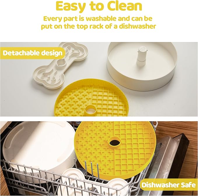 Slow Feeder Dog Bowl with Lick Mat and Puzzle Inserts - Non-Slip Base, Adjustable Speed Design, Dishwasher Safe for Large Dogs,Yellow