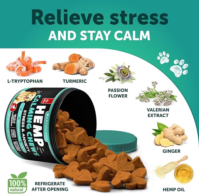 Hemp Calming Chews for Dogs - Dog Calming Chews - Dog Anxiety Relief Treats with Hemp Oil, Turmeric, Valerian, Ginger - Health and Wellness Supplements for Dogs - Hip and Joint Support - 120 Treats