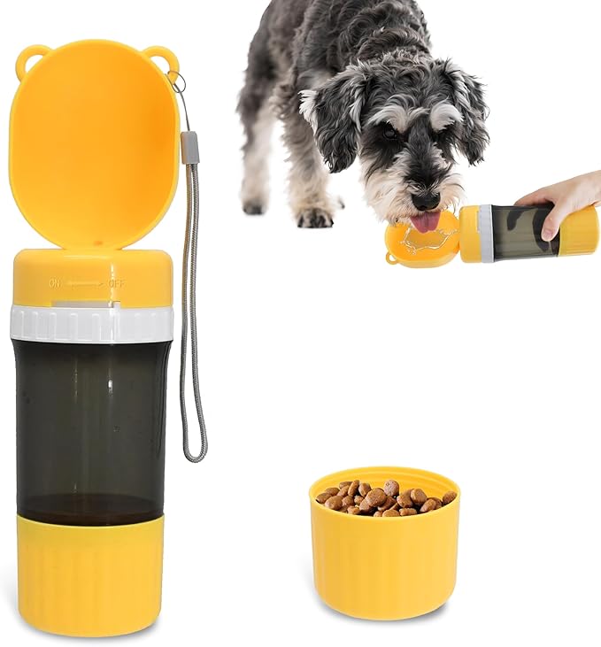 2-in-1 Pet Travel Water Bottle & Food Container - 14 oz Water + 6 oz Food Dispenser, Leak-Proof Portable Dog Water Bottle Bowl for Walking, Hiking, Camping Yellow