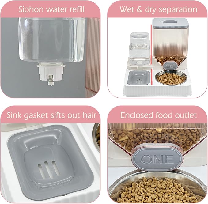 Fhiny Gravity Cat Feeder & Water Dispenser, 2 in 1 Automatic Puppy Waterer Removable Stainless Steel Food Bowls Set Self Feeding Pet Food Storage for Cat Kitten Puppy Easy Clean (Grey)