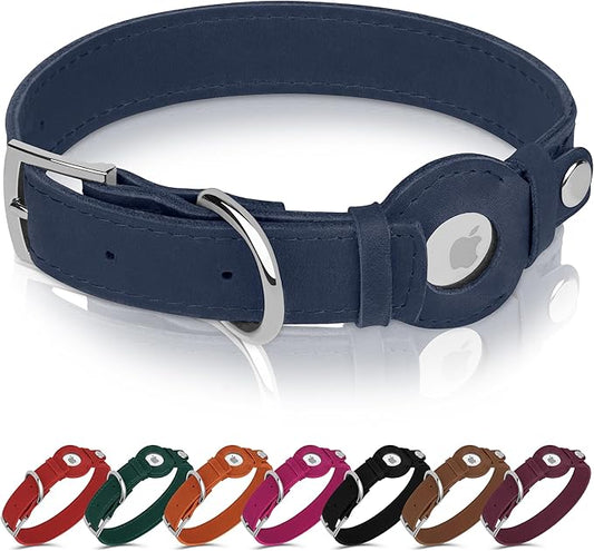 Leather Dog Collar with Airtag Holder - Apple AirTag Dog Collars - Soft Tracking Smart GPS Pet Collar for Small Medium Large Dogs Puppy (Smoky Blue, L, 15"-19" Neck Fit)