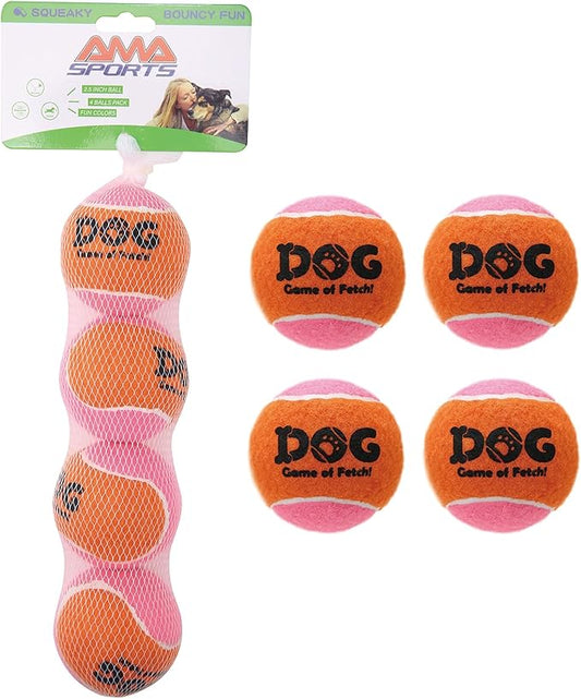 AMA SPORT Squeaky Tennis Balls for Dogs 2.5" Small Medium Dog Tennis Balls for Throwing and Fetching Dog Toys for Training, Exercise, High Bouncing 4 Pack (Orange Pink)