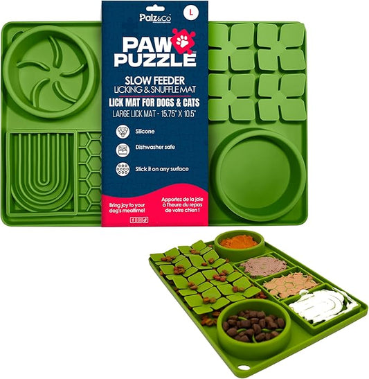 Palz&Co Paw Puzzle 2-in-1 Slow Feeder & Lick Mat for Dogs and Cats, Dry and Wet Food, Dishwasher Safe Silicone, Large 15.75"x10.5", Green
