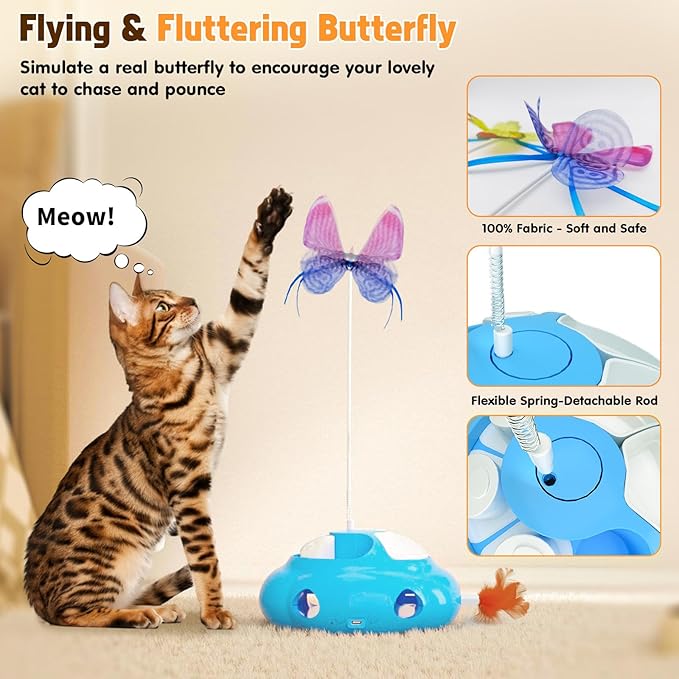 Interactive Cat Toys for Indoor Cats, 4in1 Pet Teaser Toy with Ambush Feather Wand, Motorized Fluttering Butterfly and Slow Feeder, Rechargeable Power Treat Puzzle Toy(Blue)