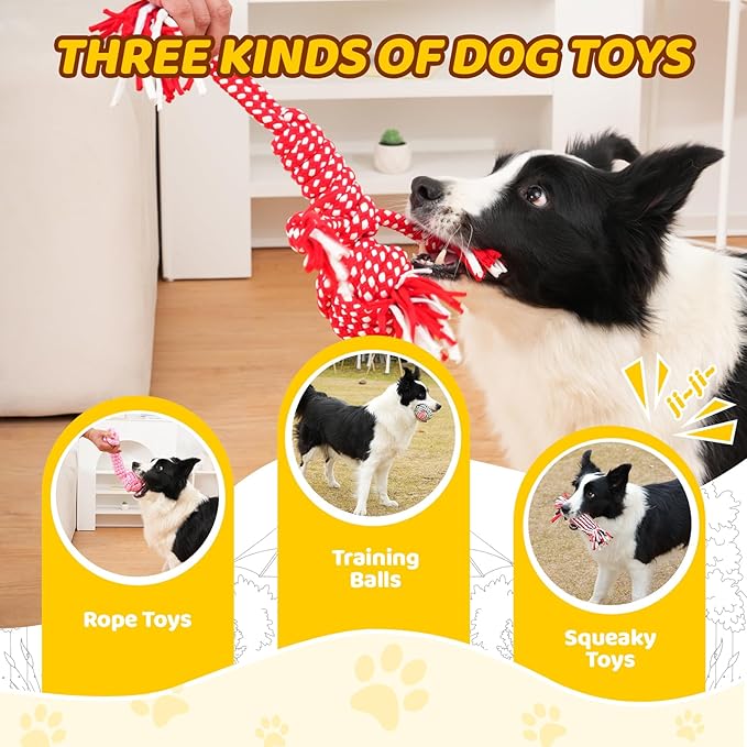 11 Pack Various Heavy Duty Dog Rope Toys for Large & Medium Dogs Teething, Entertainment & Interaction, Chew Toys with Rope, Training Balls and Dog Squeaky Toys