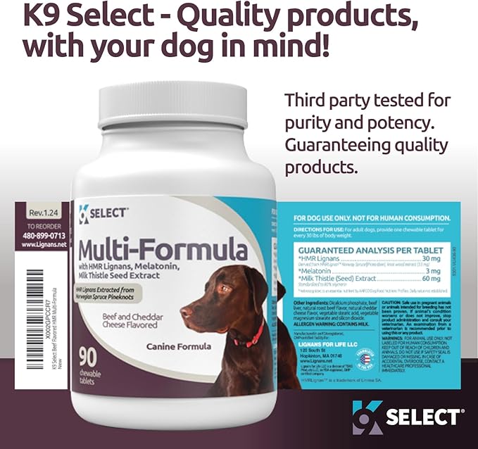 K9 Select Multi-Formula Dog Vitamins for Large Dogs - 30mg HMR Lignans, 3mg Melatonin, 60mg Milk Thistle - Helps Heart, Liver, Digestion, Skin & Coat Health, Dog Multivitamin, 90 Tablets, Beef Flavor