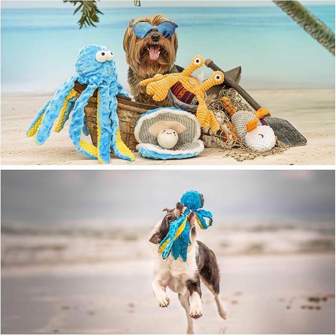 Nocciola Crinkle Squeaky Blue Octopus Dog Toy - Ocean Theme Stuffed Interactive Rope Toys for Small, Medium & Large Dogs - Durable for Aggressive Chewers (Shell)