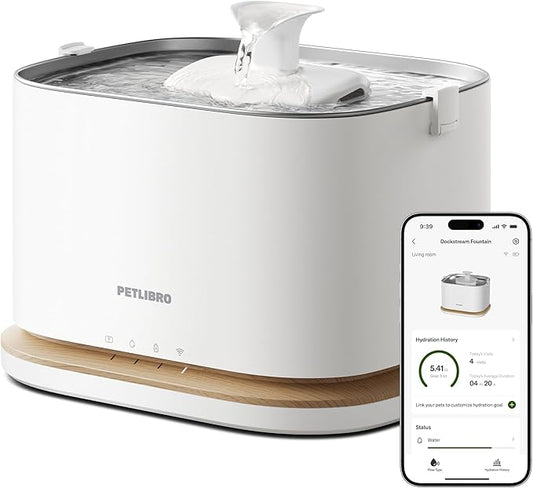 PETLIBRO Upgrade Cat Water Fountain, Cordless Cat Fountain Battery Operated, App Monitoring 3L/101oz Dockstream 2 Pet Water Fountain with Stainless Steel Tray, 5GHz WiFi Dog Water Bowl Dispenser