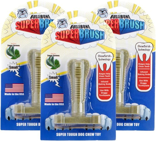 Bullibone SuperBrush: Dog Teeth Cleaning Brushing Toothbrush Stick - Long Lasting Nylon Super Greens Chew Toy for Oral Care and Dental Health
