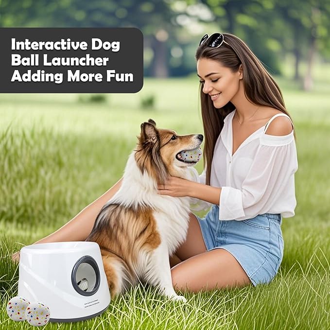 Automatic Dog Ball Launcher, Upgraded Interactive Dogs Balls Thrower for Small Dogs, Distance Adjustable Mental Stimulating Dog Toys with 4 Durable Etpu Balls 2.2 Inch (Silver Grey)