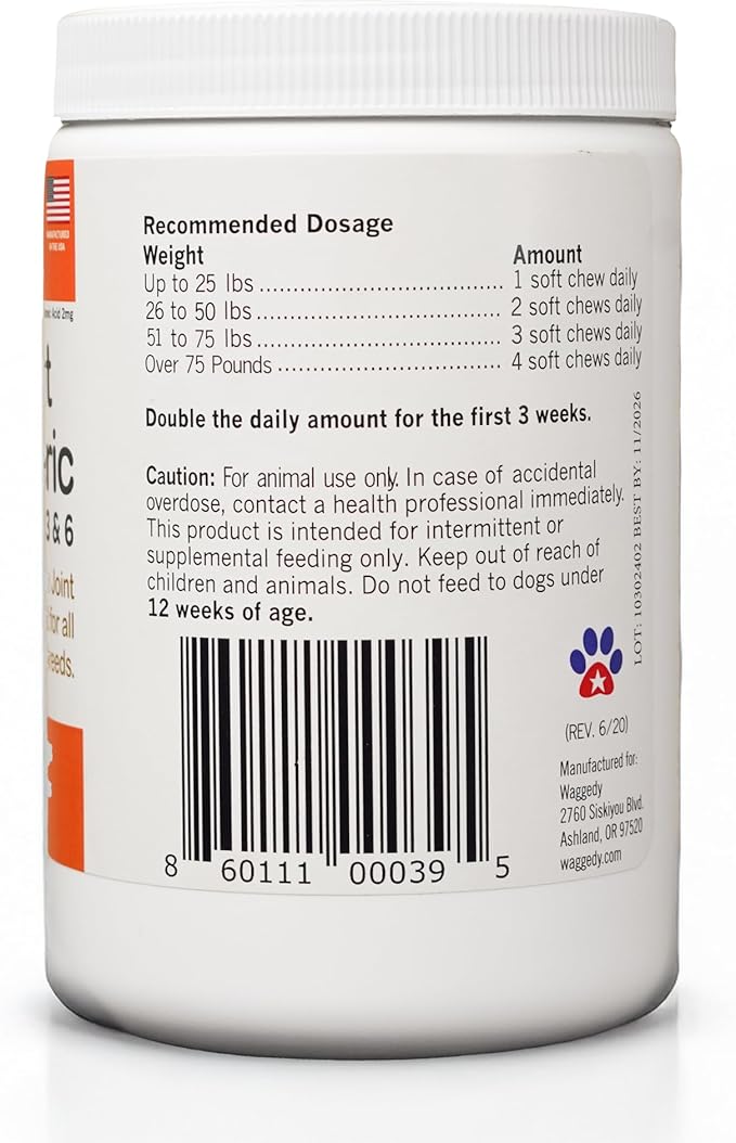 waggedy Hip and Joint Turmeric – Complete Dog Supplements for Joints with Glucosamine, MSM, HA & Omega Fatty Acids — Daily Glucosamine for Dogs to Improve Flexibility & Mobility (120 Dog Chews)