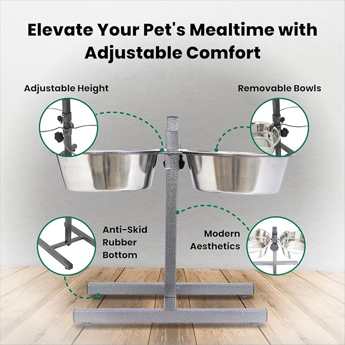 Iconic Pet Adjustable H-Design Double Diner - Non-Skid Rubber Base Noise Free Stable Dog Food Stand with 5 Quart/ 160 oz Stainless Steel Elevated Dog Food Bowls for Proper Growth & Digestion