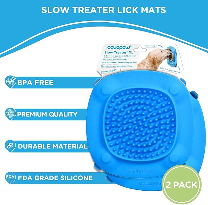 Aquapaw Dog Bath Lick Mat - 2-Pack, XL, Blue - Slow Feeder Mat & Dog Treat Container with Suction Cup - Shower Peanut Butter Holder & Bathing Distraction Aid