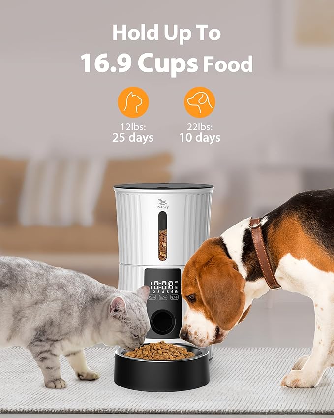 Petory Timed Automatic Cat Feeders - 4L Programable Dry Food Dispenser for Cats and Small Medium Dogs 6 Meals with Desiccant Bag Dual Power Supply 10S Voice Recorder