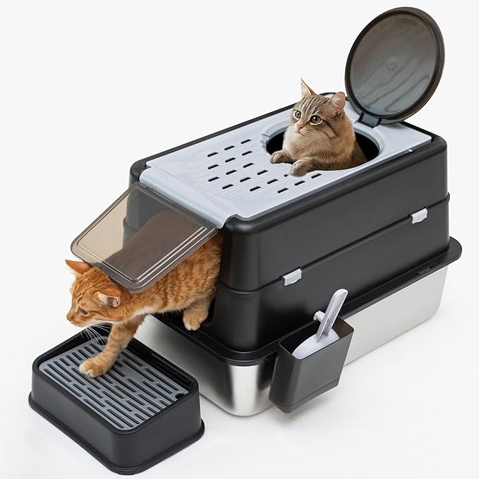 Stainless Steel Litter Box, XL Top Entry Cat Litter Box with Flip Lid, High Side Large Top Front Dual Exit Enclosed Cat Litter Pan Tray with Litter Scoop and Foot Pedal, Easy Cleaning, Anti-Leakage
