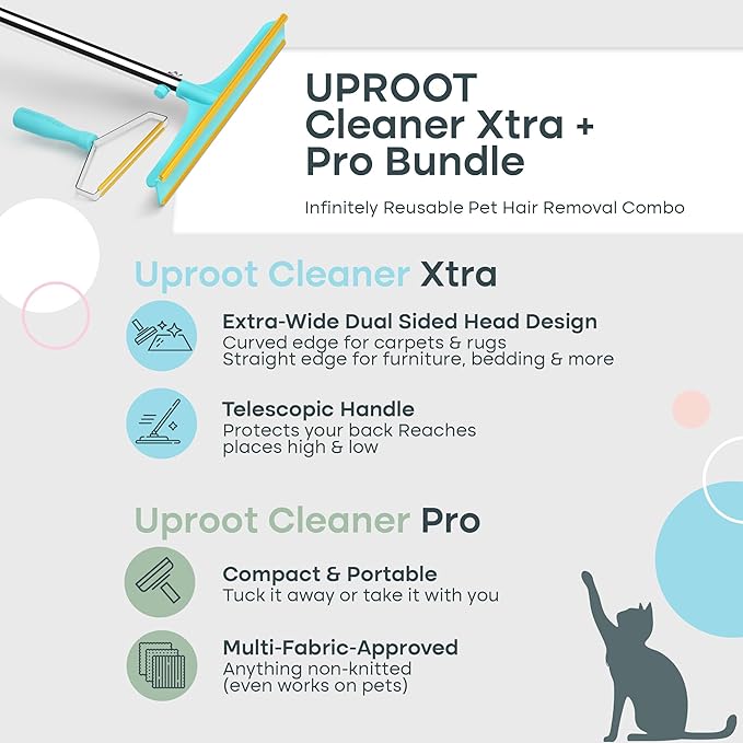 Uproot Cleaner Pro Pet Hair Remover Bundle - Including Xtra Carpet Rake for Pet Hair Removal Tool - Scrape Easy The Cat & Dog Fur from Your Carpet, Rugs, Cat Bed, Car Trunk & More