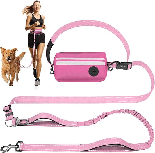 Hands Free Dog Leash with Removable Zipper Pouch, Dual Padded Handles and Durable Bungee for Walking, Jogging and Running-Pink
