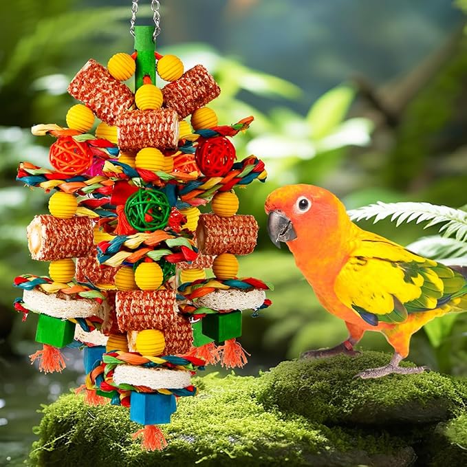 Bird Toys, Parrot Toys for Large Birds,Natural Corn cob and Loofah Slices Bird chew Toys for African Grey Parrots, Macaws, Cockatoos, Amazon Parrot and other Small and Medium-Sized Parrot (Colorful)