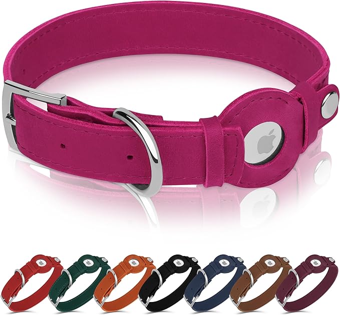 Leather Dog Collar with Airtag Holder - Apple AirTag Dog Collars - Soft Tracking Smart GPS Pet Collar for Small Medium Large Dogs Puppy (Pink, L, 15"-19" Neck Fit)