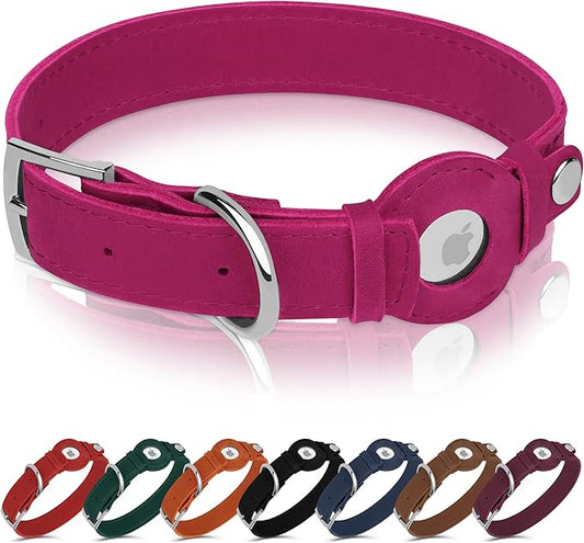 Leather Dog Collar with Airtag Holder - Apple AirTag Dog Collars - Soft Tracking Smart GPS Pet Collar for Small Medium Large Dogs Puppy (Pink, S, 9"-12" Neck Fit)