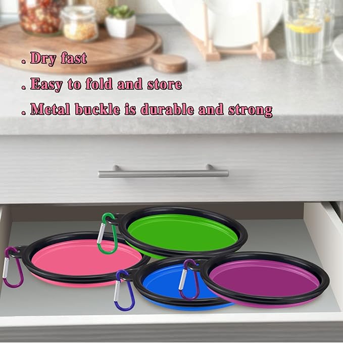 LAVAED 4 Pack Collapsible Dog Bowl Portable Foldable Travel Pets Bowls Cats Water Feeding Food Bowls Silicone Expandable Cup Dish Puppies for Walking Camping Outdoors with Carabiner Clip