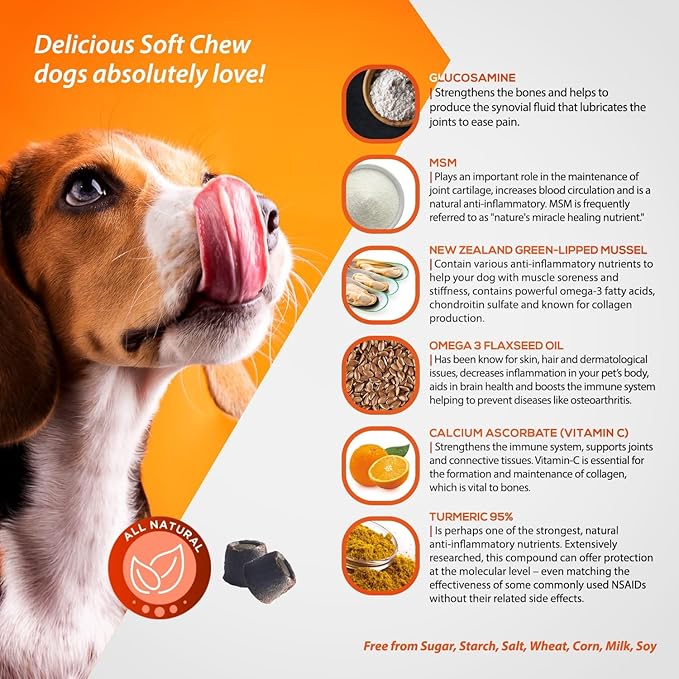 Dog Supplements for Joint Inflammation & Arthritis, Naturally Potent Dog Joint Care, Delicious Soft Chews with Turmeric, Omega 3, & Glucosamine for Dogs, Natural Liver Flavor, 120 Pc