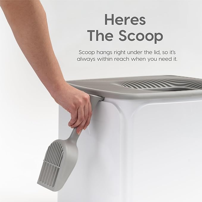 IRIS USA Top-Entry Litter Box with Scoop, Enclosed Square Style Litterbox with Odor Control, Easy to Clean for Cats, Covered Dog Proof Litter Box Design, White/Gray