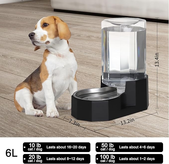 Sfozstra Dog Water Bowl Dispenser: 6L Large Black Gravity Stainless Steel Bowl - Without Filter - Pet Feeder for Pets Indoor/Outdoor Use by Owners