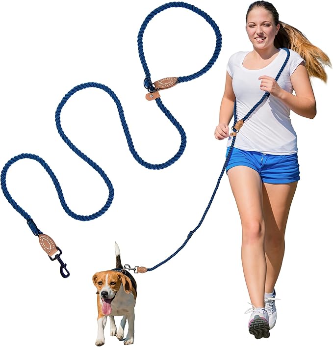 Mile High Life Hands Free Dog Leash, Crossbody Waist Leash with Genuine Leather Connection, Multifunctional Adjustable Slip Lead for Dog Walking Running (Navy Blue, MF)