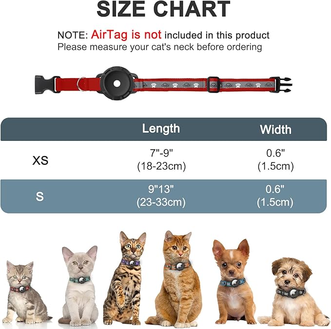 Reflective AirTag Cat Collar, Integrated Cat Tracker Collar with Air Tag Holder and Bell, Safety Elastic Band Cat GPS Collars for Girl Boy Cats, Kittens and Puppies (Red, S)