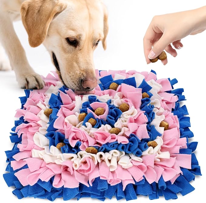 Pet Snuffle Mat for Dogs, Dog Feeding Mat, Nosework Training Mats for Foraging Instinct Interactive Puzzle Toys (Blue&Pink&White)