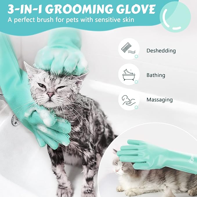 Pecute Heat Resistant Pet Grooming Gloves, Green, with High-Density Teeth, Silicone Bathing and Massaging Gloves for Dogs and Cats