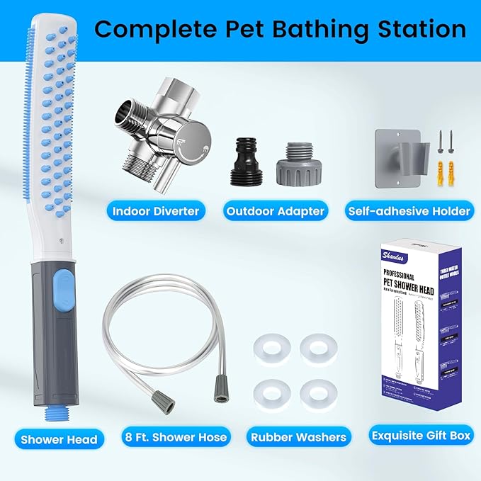 Dog Shower Attachment, Dog Washing Hose Attachment with Metal T-Diverter, Dog Bathing Supplies with 3 Spray Modes & One-Button ON/OFF Indoor and Outdoor Sprayer 8-Foot Hose