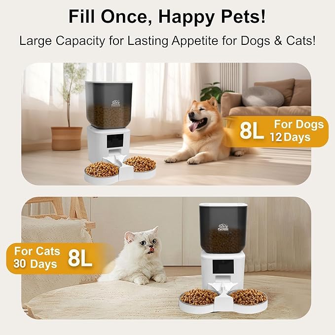 8L Automatic Cat Feeder with Camera – Automatic Dog Feeder Large Breed, Dual Bowl WiFi Cat Food Dispenser, Pet Food Dispenser with Tuya App Control, Night Vision, Voice Control, Timed Meals