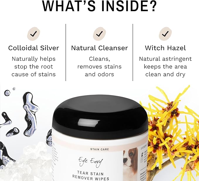 Eye Envy Tear Stain Wipes for Dogs. Textured to Gently Clean. Presoaked in 100% Natural Formula. Recommended by AKC Breeders, Vets, Groomers. Treats The Cause of Staining. USA Made. 60 Dog Eye Wipes