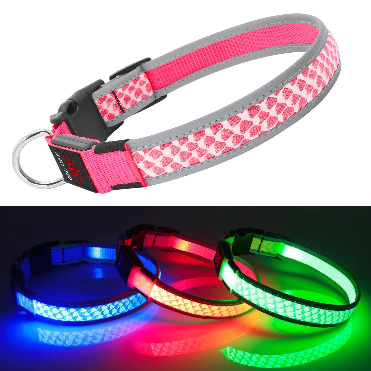 BiPawTi LED Dog Collar - Rechargeable, 3 Light Modes, Glow in The Dark for Night Walking, Large Dogs (Pink, L)