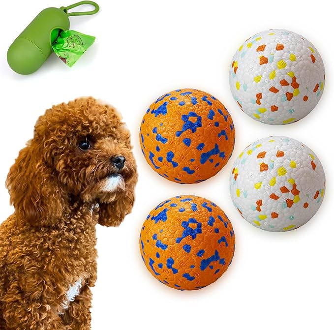 Dog Tennis Balls for Aggressive Chewers, Indestructible Dog Balls for Fetch Game, Durable Bouncy Lightweight Floating Toys (2 White + 2 Orange, Small (2.5" Diameter))