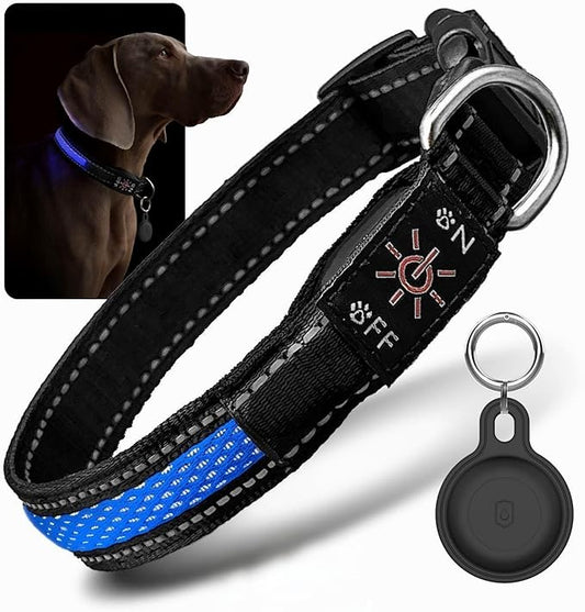 LED Dog Collar with Tracker Case - Bright Weatherproof Light Up Safety Collar, Silicone Tracker Holder, USB-C Rechargeable & Adjustable for Small, Medium & Large Dogs (Blue, Medium)