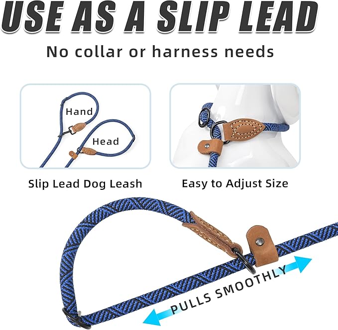 Mile High Life Hands Free Dog Leash, Crossbody Waist Leash with Genuine Leather Connection, Multifunctional Adjustable Slip Lead for Dog Walking Running (Blue, 7FT)