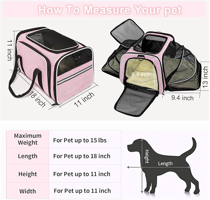 Cat Carrier Airline Approved Pet Carrier, Expandable Foldable Soft-Sided Dog Carrier, 3 Open Doors, 2 Reflective Tapes, Pet Travel Bag Safe and Easy for Cats and Dogs(Pink)