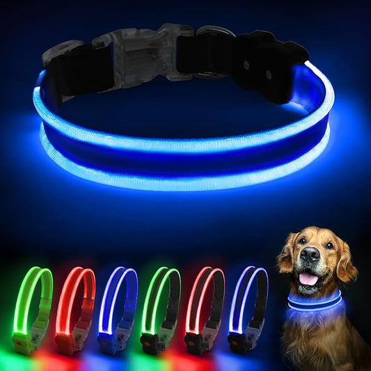 PcEoTllar Light up Dog Collars Rechargeable, LED Dog Collar Night Walking, Waterproof Flashing Glow in The Dark Dog Collars, Adjustable Dog Lights for Large Small Medium Dogs Blue-m
