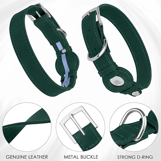 Leather Dog Collar with Airtag Holder - Apple AirTag Dog Collars - Soft Tracking Smart GPS Pet Collar for Small Medium Large Dogs Puppy (Green, L, 15"-19" Neck Fit)